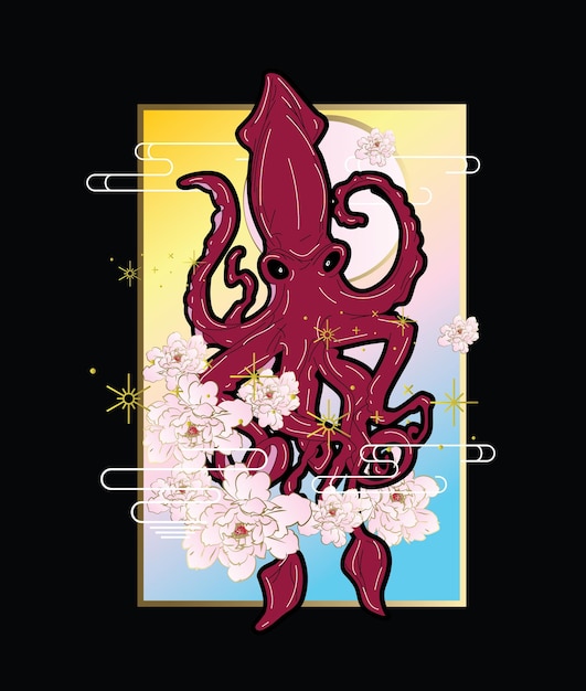 Vector octopus illustration with japanese style background