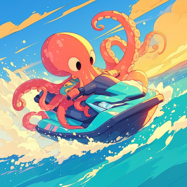 An octopus is riding a jet ski cartoon style