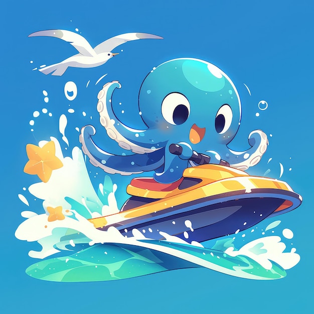 An octopus is riding a jet ski cartoon style