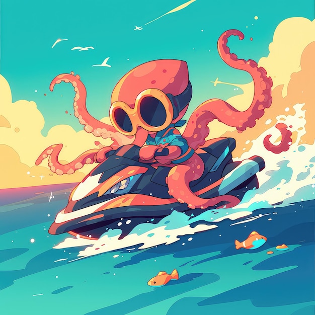 An octopus is riding a jet ski cartoon style