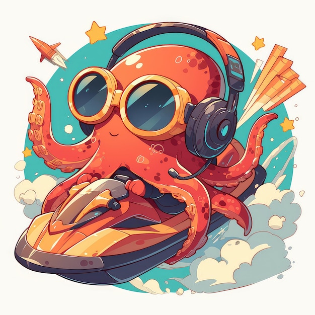 An octopus is riding a jet ski cartoon style