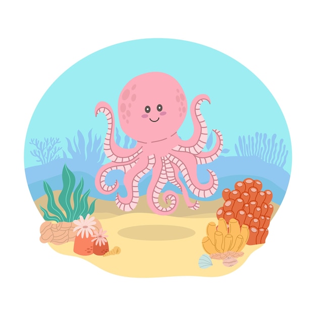 オクトップスは海や海洋の風景を背景にした海の動物ですベクトルイラスト
