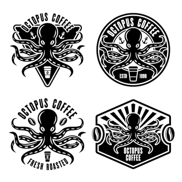 Octopus koffie set van vier vector emblemen badges of logo concepten in vintage zwart-wit stijl geïsoleerd op een witte achtergrond afbeelding