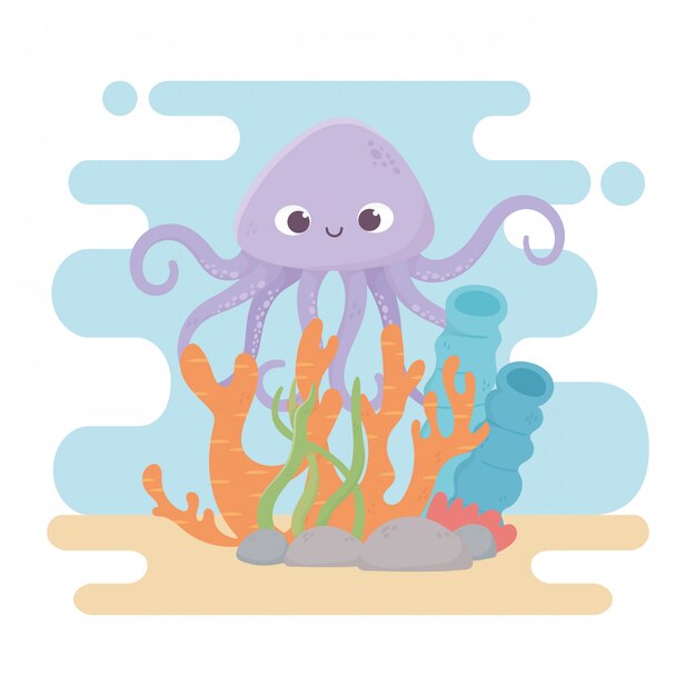 Octopus life stones coral reef cartoon under the sea