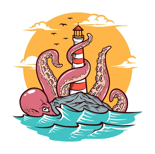Vector octopus and lighthouse
