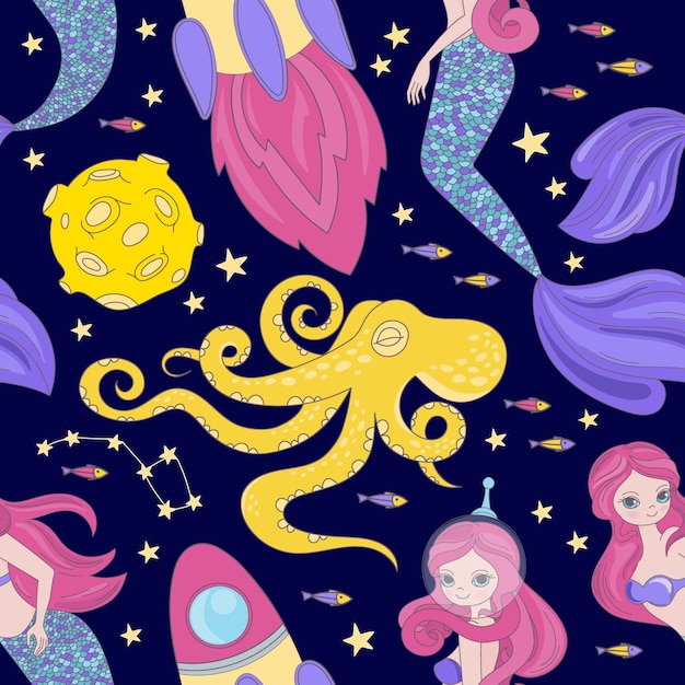 Octopus mermaid cartoon cosmos space sea galactic princess seamless pattern