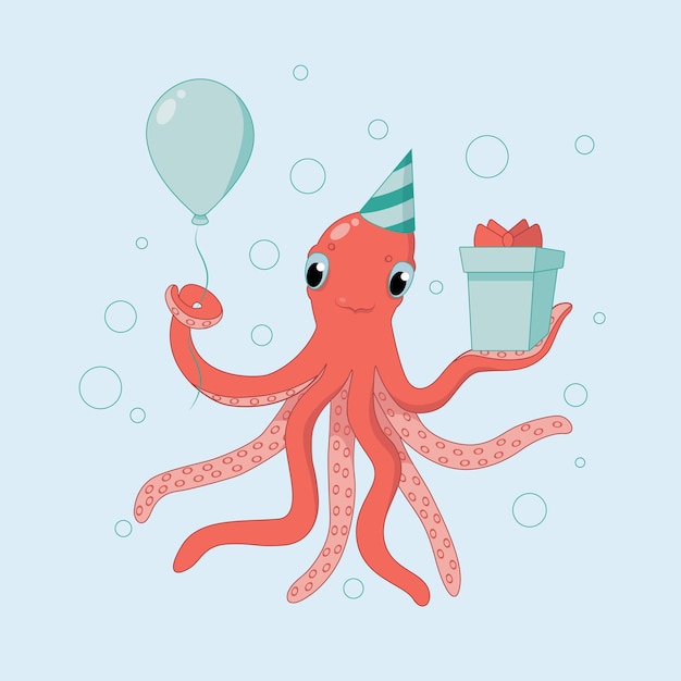 Octopus met een geschenk en een ballon