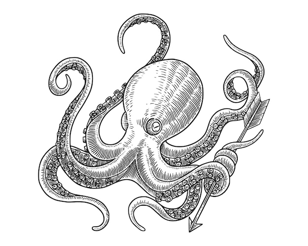 octopus met gravure tekenstijl Vintage vectorillustratie