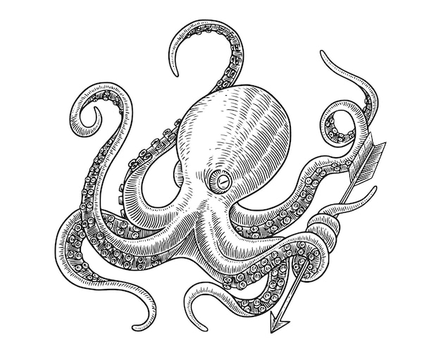 octopus met gravure tekenstijl Vintage vectorillustratie