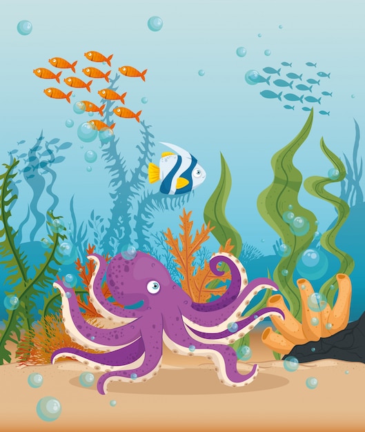 Octopus met vissen zeedieren in de oceaan, zee wereldbewoners, schattige onderwater wezens, habitat mariene concept