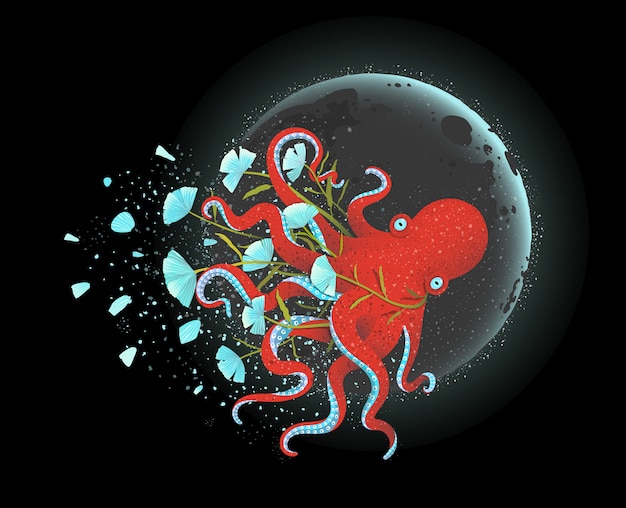 Vector octopus moon and flowers cosmic