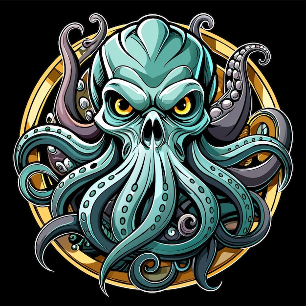 Octopus octoskull evil hand drawn cartoon character sticker icon concept isolated illustration