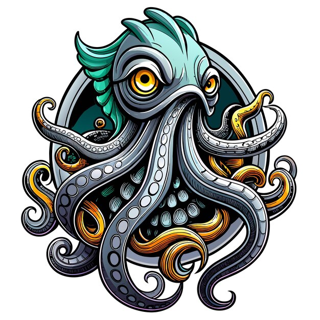 Vector octopus octoskull evil hand drawn cartoon character sticker icon concept isolated illustration