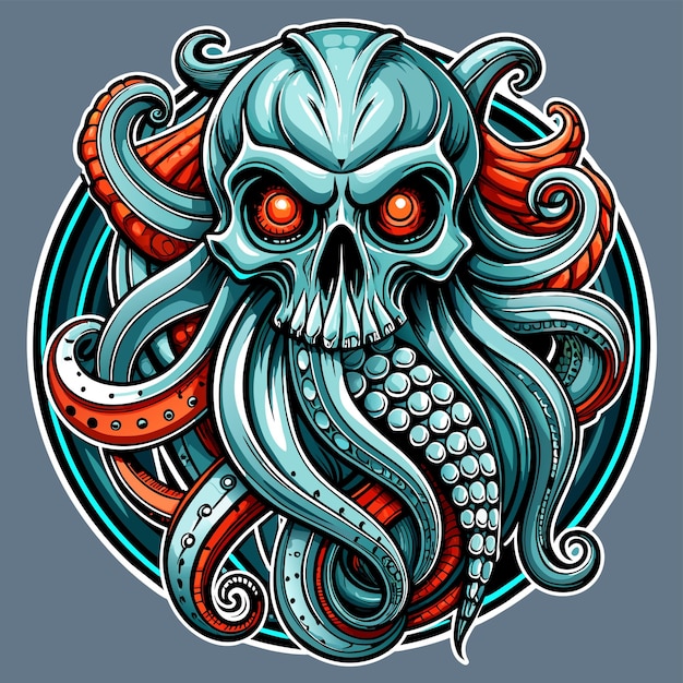 Vector octopus octoskull evil hand drawn cartoon character sticker icon concept isolated illustration