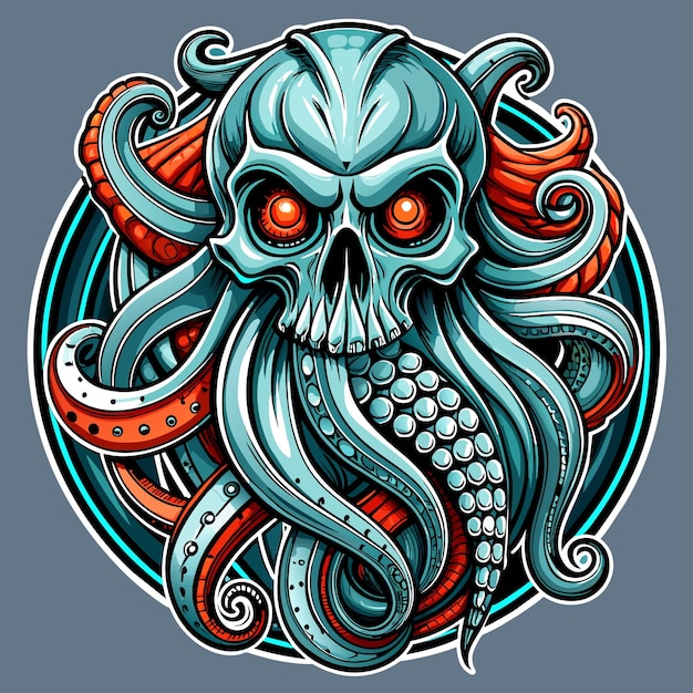 Octopus octoskull evil hand drawn cartoon character sticker icon concept isolated illustration