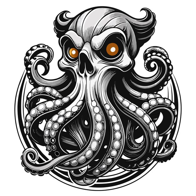 Octopus octoskull evil hand drawn cartoon character sticker icon concept isolated illustration