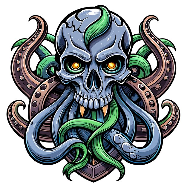 Octopus octoskull evil hand drawn cartoon character sticker icon concept isolated illustration