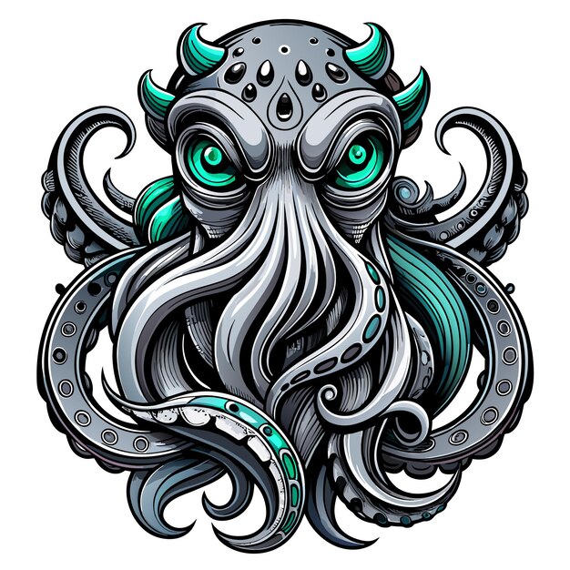 Octopus octoskull evil hand drawn cartoon character sticker icon concept isolated illustration