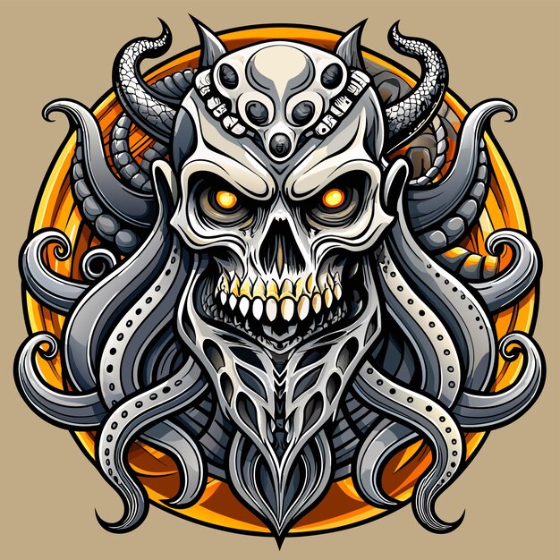 Octopus octoskull evil hand drawn cartoon character sticker icon concept isolated illustration