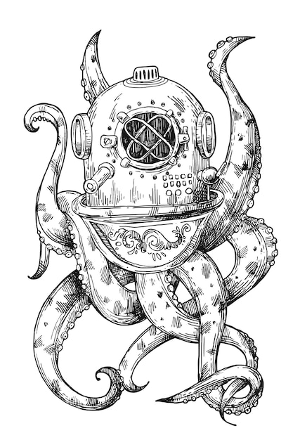 Vector octopus in a old diving helmet hand drawn vector illustration