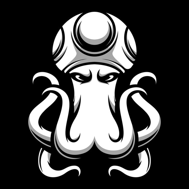 Octopus paddestoel hoed zwart-wit mascotte ontwerp