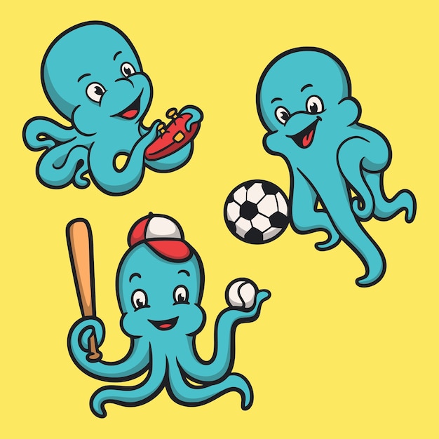 Осьминог, играющий в игры, набор иллюстраций талисмана с логотипом животного в мяч и бейсбол