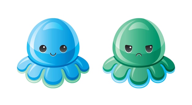 Vector octopus plush toy stuffed mood octopus child isolated soft toy set cute color antistress logo two different sides happy blue and sad green sea trendy logo popular girl boy anti stress toys