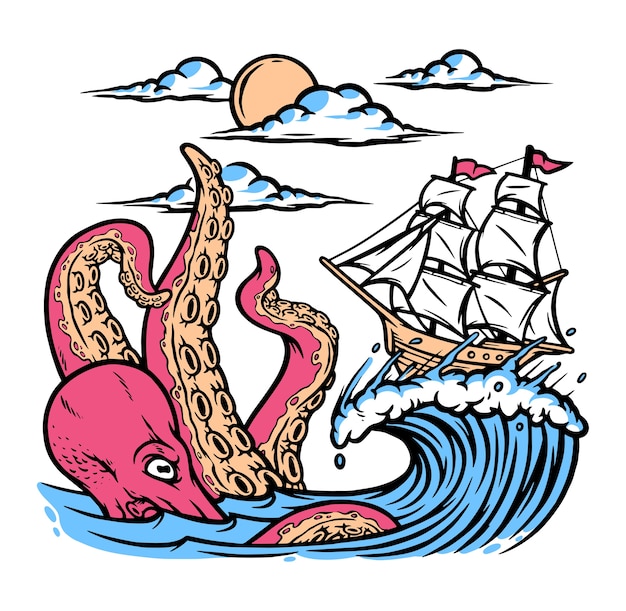 Octopus and sailing ship illustration