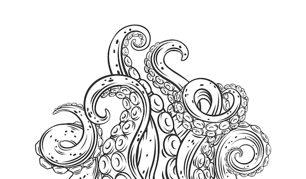 문어 촉수 개요 배너입니다. 바다 괴물 크라켄의 흑백 팔다리를 그렸습니다. 빨판과 바다 문어 꼬인 촉수의 벡터 일러스트 레이 션