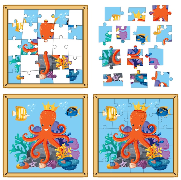 Vettore modello di gioco di puzzle di foto subacquee octopus