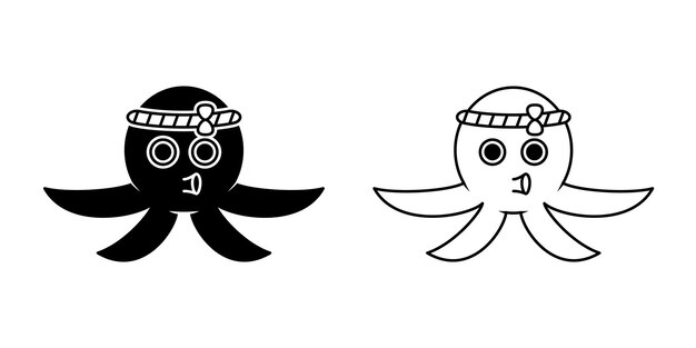 Векторная иллюстрация осьминога линейный силуэт, нарисованный вручную и эскизный стиль черно-белый