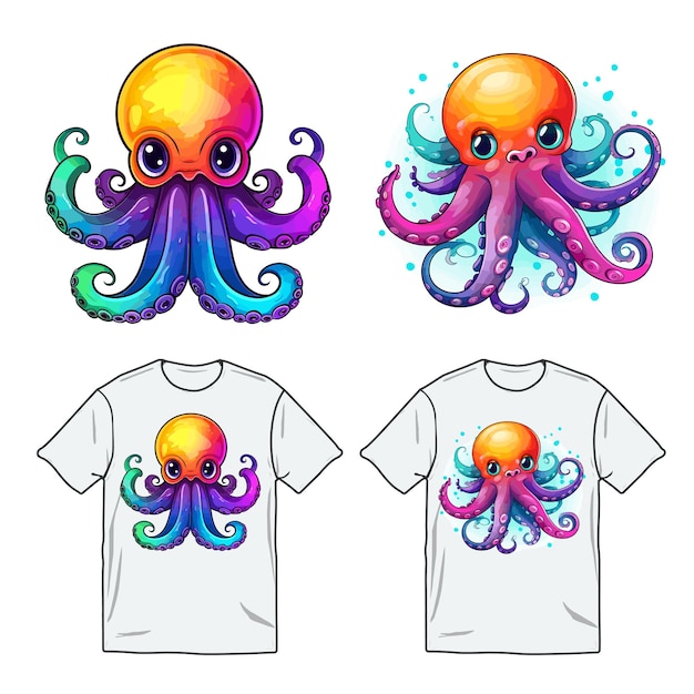 Дизайн футболки с векторной иллюстрацией Octopus watercolor neon