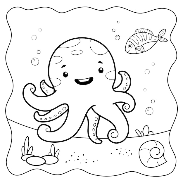 Vector octopus zwart-wit kleurboek of kleurplaat voor kinderen mariene achtergrond