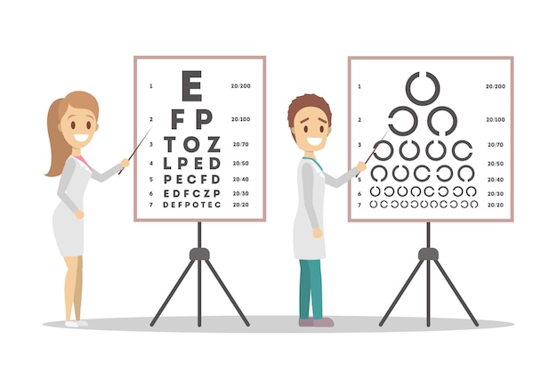 Vettore coppia di medico oculista che punta alla lettera a bordo. controllo della vista e esame della vista. concetto di trattamento medico. illustrazione