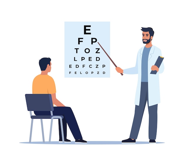 Oculist standing near eye test board and showing letter to patient Ophthalmology diagnostics