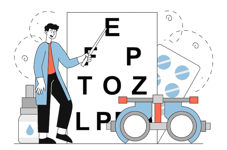 Vector oculist at workplace linear man in medical uniform with eyeglasses and pointer near letters vision