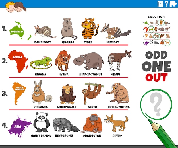 Vector odd one out picture task with animal species and continents numbat