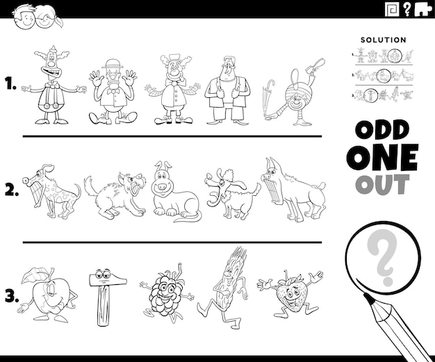 Odd one out puzzle with cartoon characters coloring page