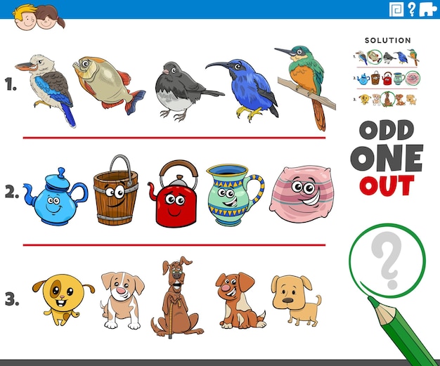 Odd one out task with cartoon animal and object characters