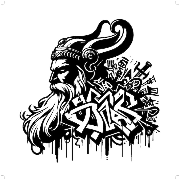 Один скандинавское божество мифология силуэт божество в граффити тег хип-хоп уличное искусство типография иллюстрация