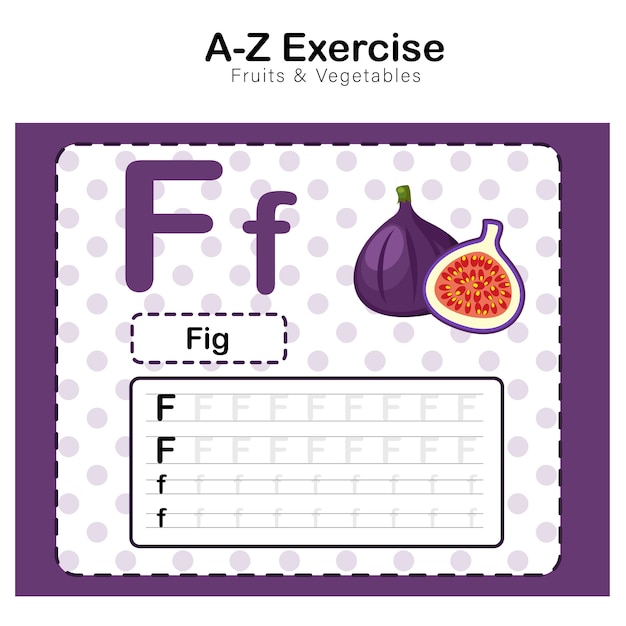 Oefenblad voor kinderen, alfabet F. oefening met cartoon vocabulaire illustratie, Fig