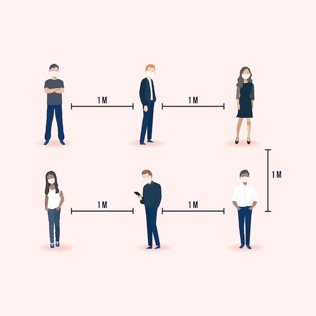 Vector oefenen van fysieke afstand en sociale afstand van een groep mensen tijdens pandemisch coronavirus covid-19 om verspreiding van infecties te voorkomen