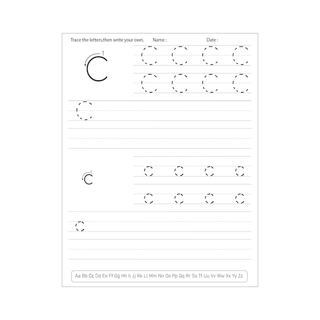 Oefenwerkbladen voor alfabethandschrift voor de kleuterschool