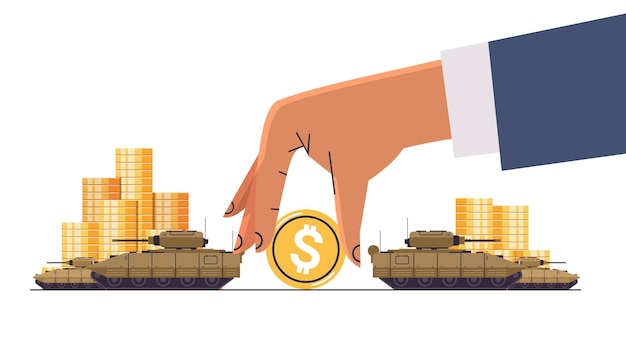 Oekraïense tank speciale leger strijd vervoer militaire uitrusting in de buurt van dollar munten financiering oorlog sancties metafoor concept horizontale vectorillustratie