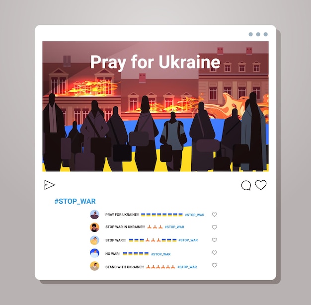 Oekraïense vluchtelingen op de vlucht voor Russische agressie tegen Oekraïne stoppen oorlog concept sociaal netwerk post mensen op zoek naar nieuwe huizen vectorillustratie