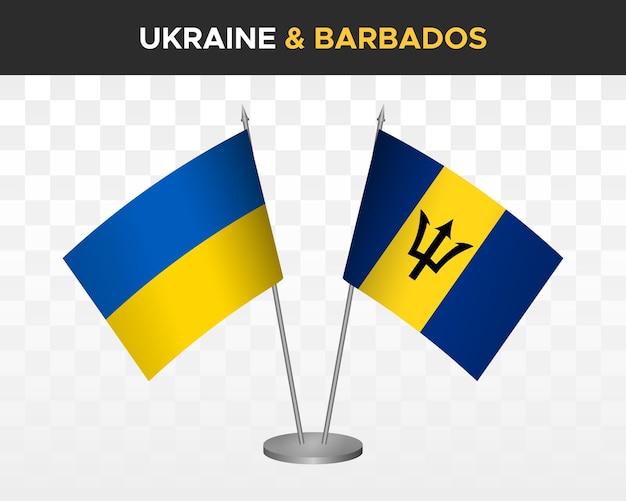 Oekraïne en Barbados bureau vlaggen geïsoleerd op wit 3d vector illustratie tafel vlaggen