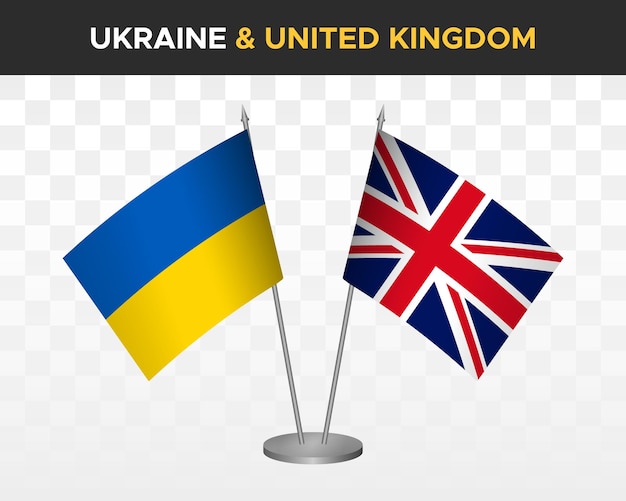 Oekraïne en het Verenigd Koninkrijk bureau vlaggen geïsoleerd op wit 3d vector illustratie tafel vlaggen