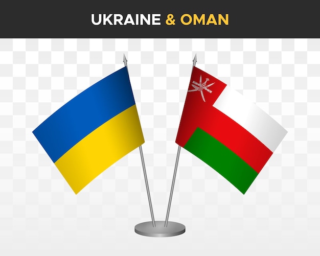 Oekraïne en Oman bureau vlaggen geïsoleerd op wit 3d vector illustratie tafel vlaggen