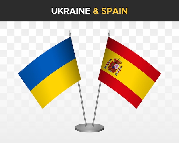 Oekraïne en Spanje bureau vlaggen geïsoleerd op wit 3d vector illustratie tafel vlaggen