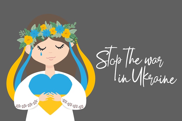 Oekraïne vrede geen oorlog concept vectorillustratie oekraïens meisje huilen en bidden bid voor oekraïne red oekraïne van rusland